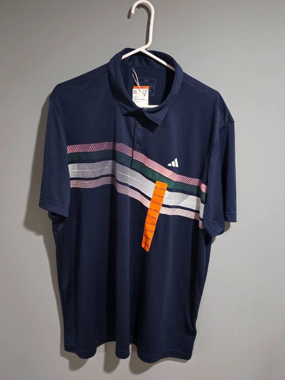 NWT Adidas Golf Polo Shirt 2XL Navy Blue Striped Performance Moisture Wicking